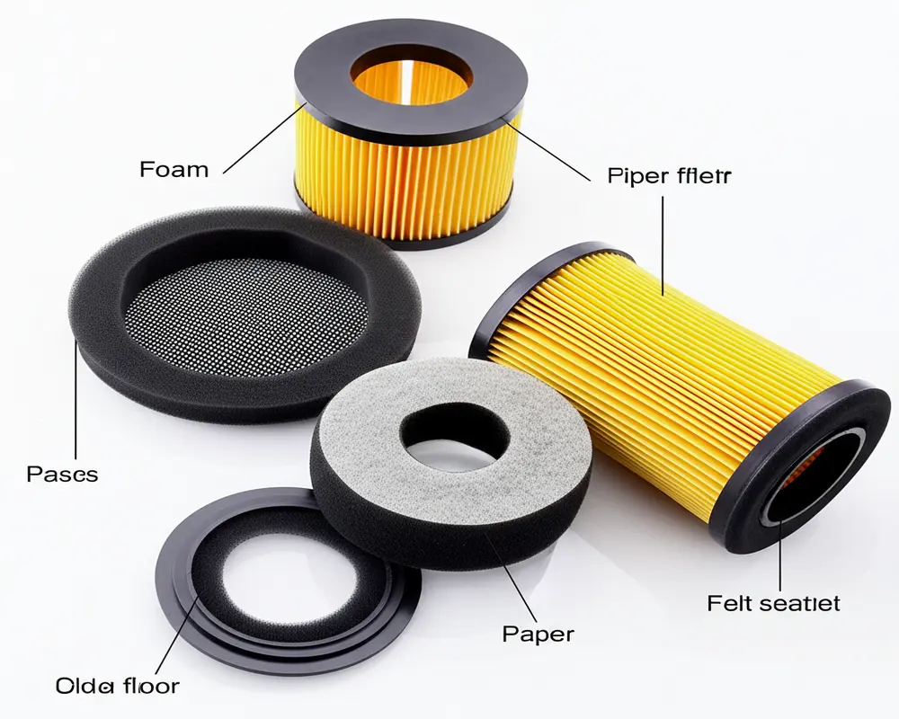 Different types of leaf blower air filters including foam, paper, and felt types