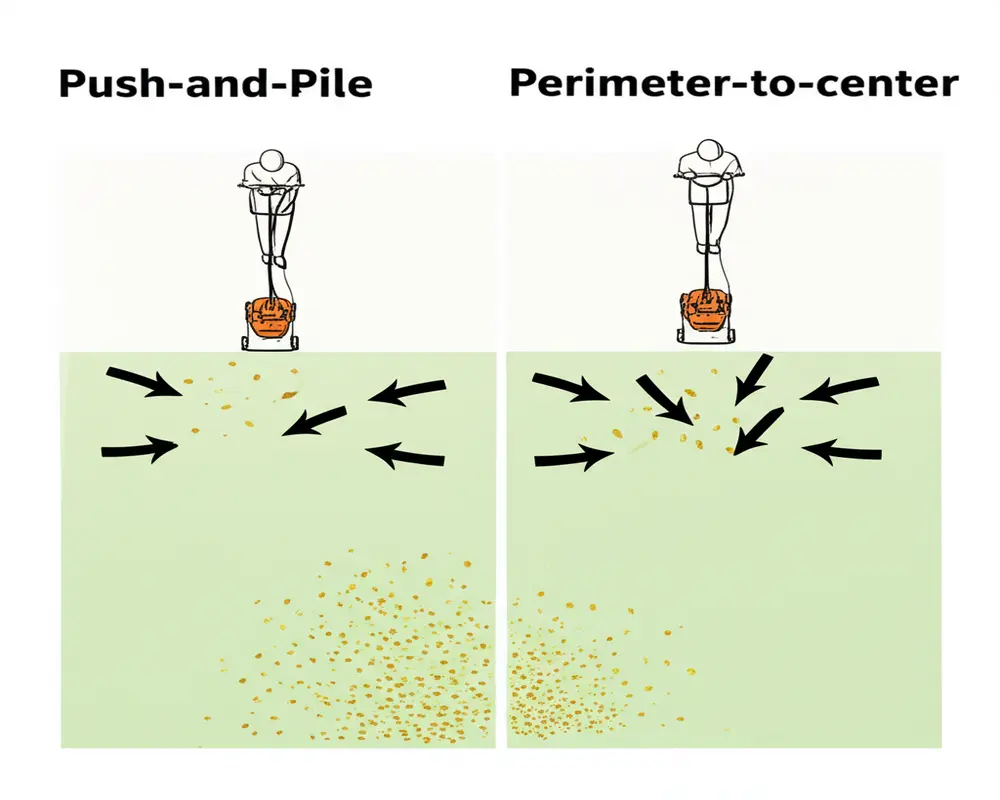 Diagram showing professional leaf blowing patterns including push-and-pile and perimeter-to-center