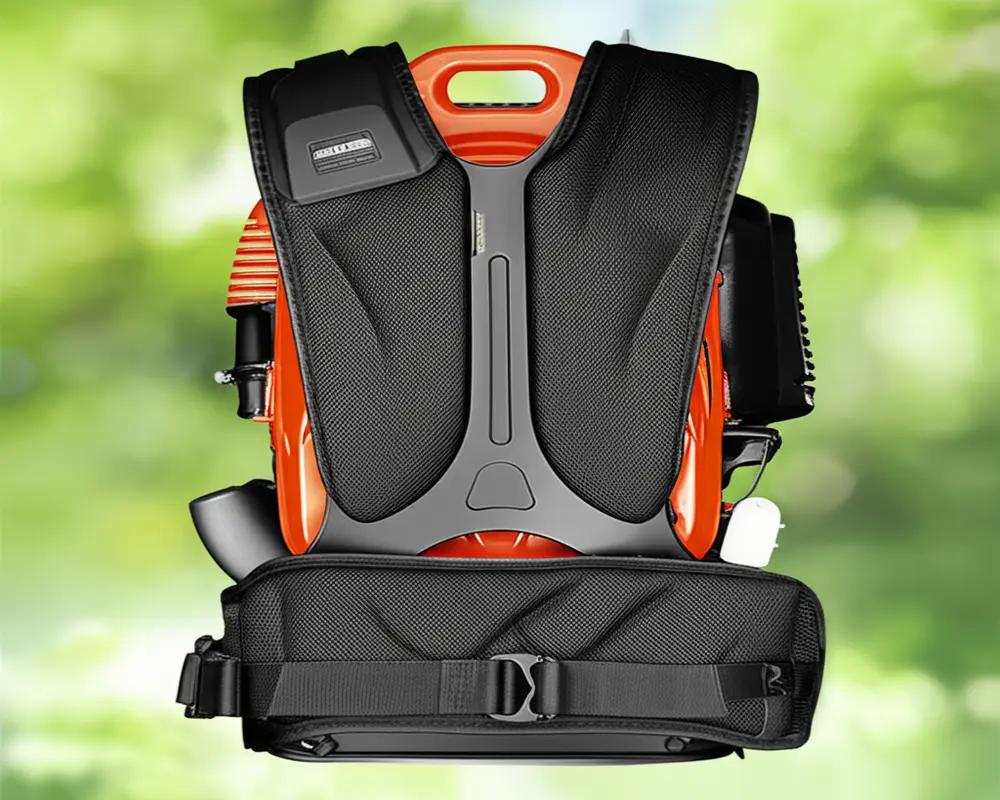 Ergonomic harness system of a backpack leaf blower