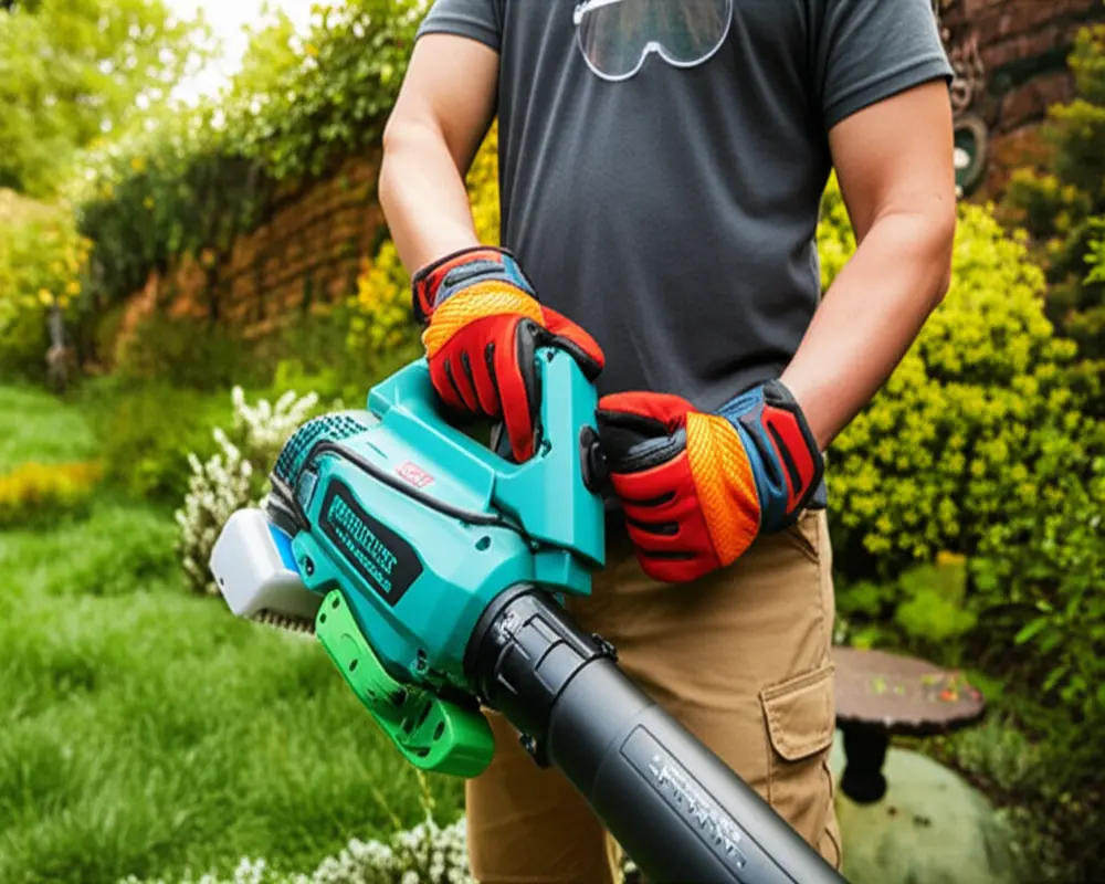 Safety equipment for how to use a leaf blower including gloves and goggles Safety equipment for how to use a leaf blower including gloves and goggles