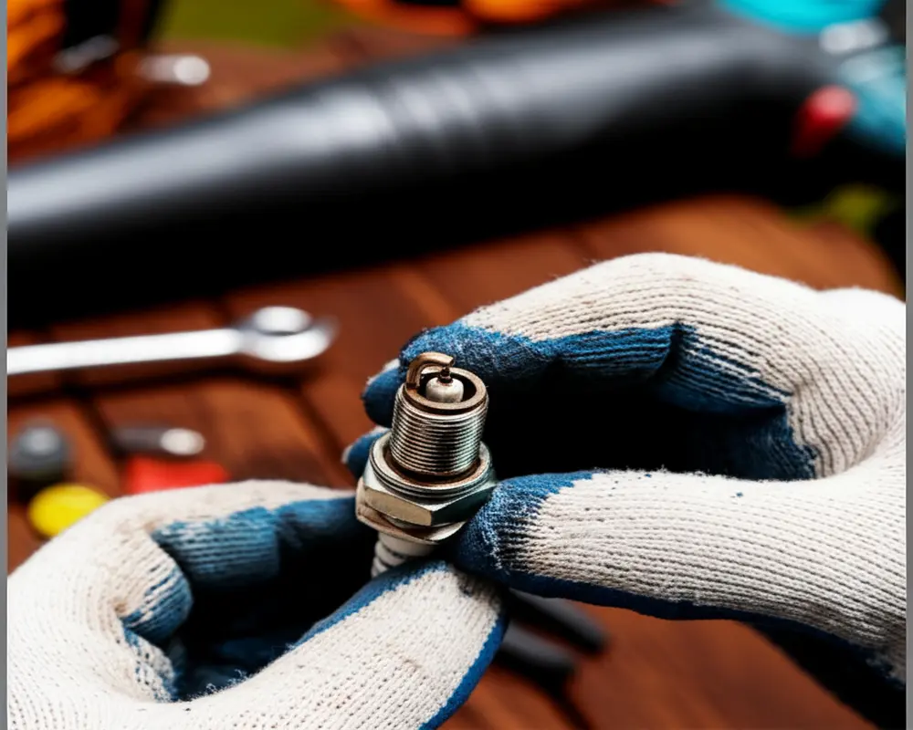 Inspecting leaf blower spark plug for fouling and wear