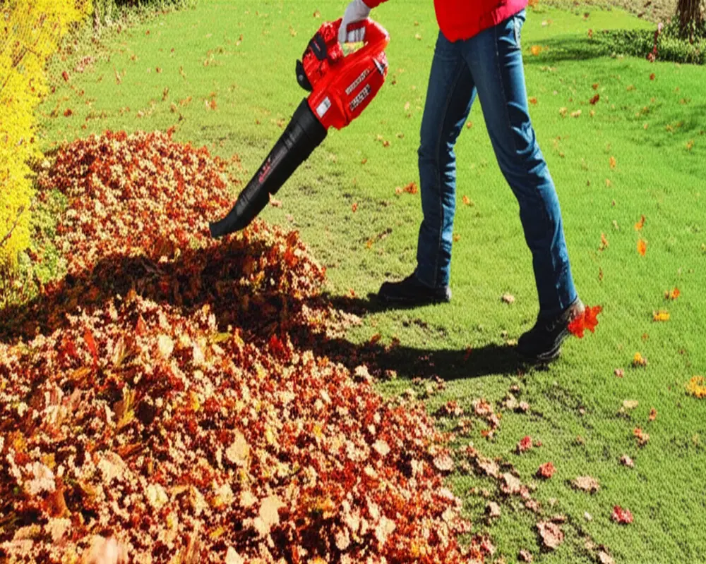 Leaf blower vacuum mulching dry leaves in backyard