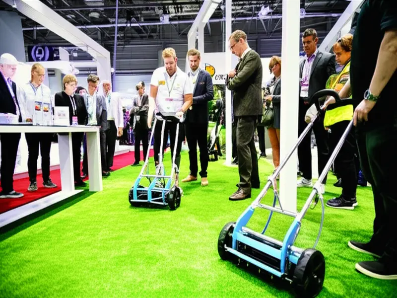 A variety of manual lawn aerators ready for demonstration at a garden show. Various manual lawn aerators on display at a garden show