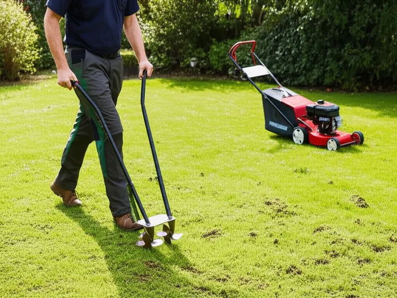 Manual aerators being used on a UK lawn