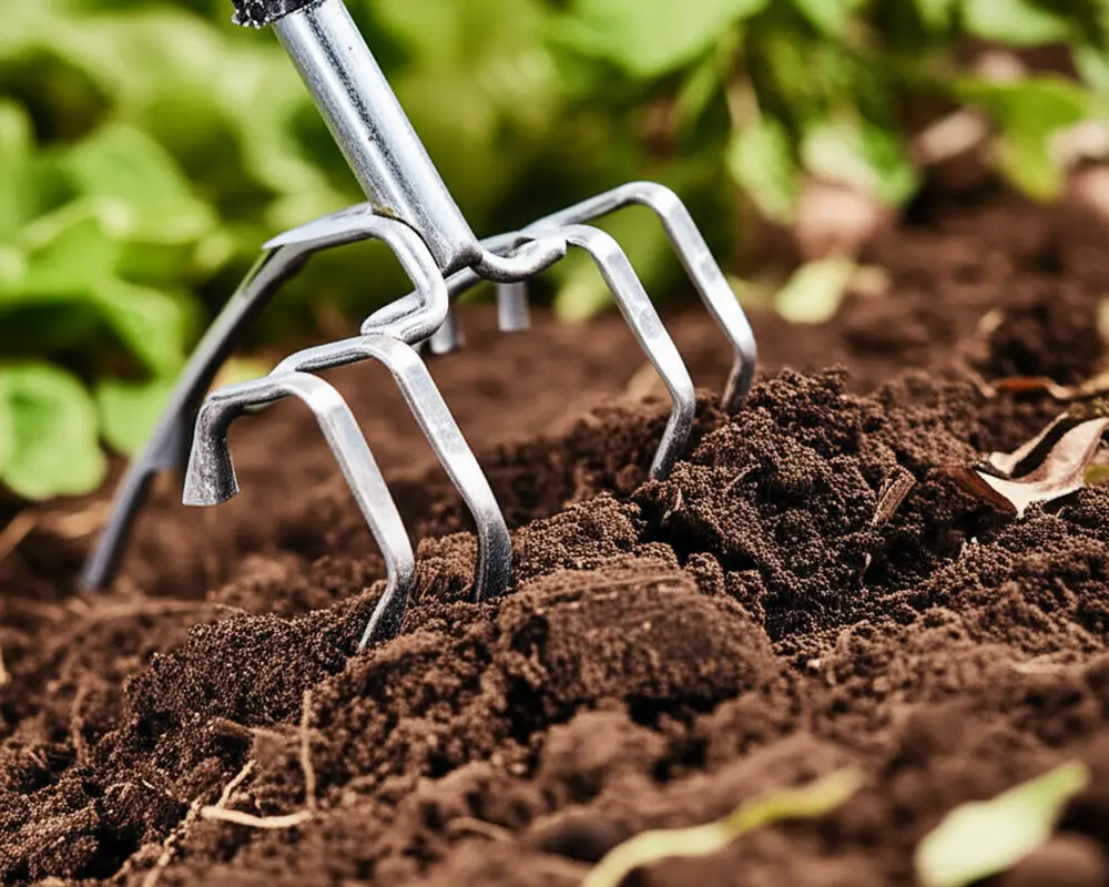 Handheld manual cultivator working in soil