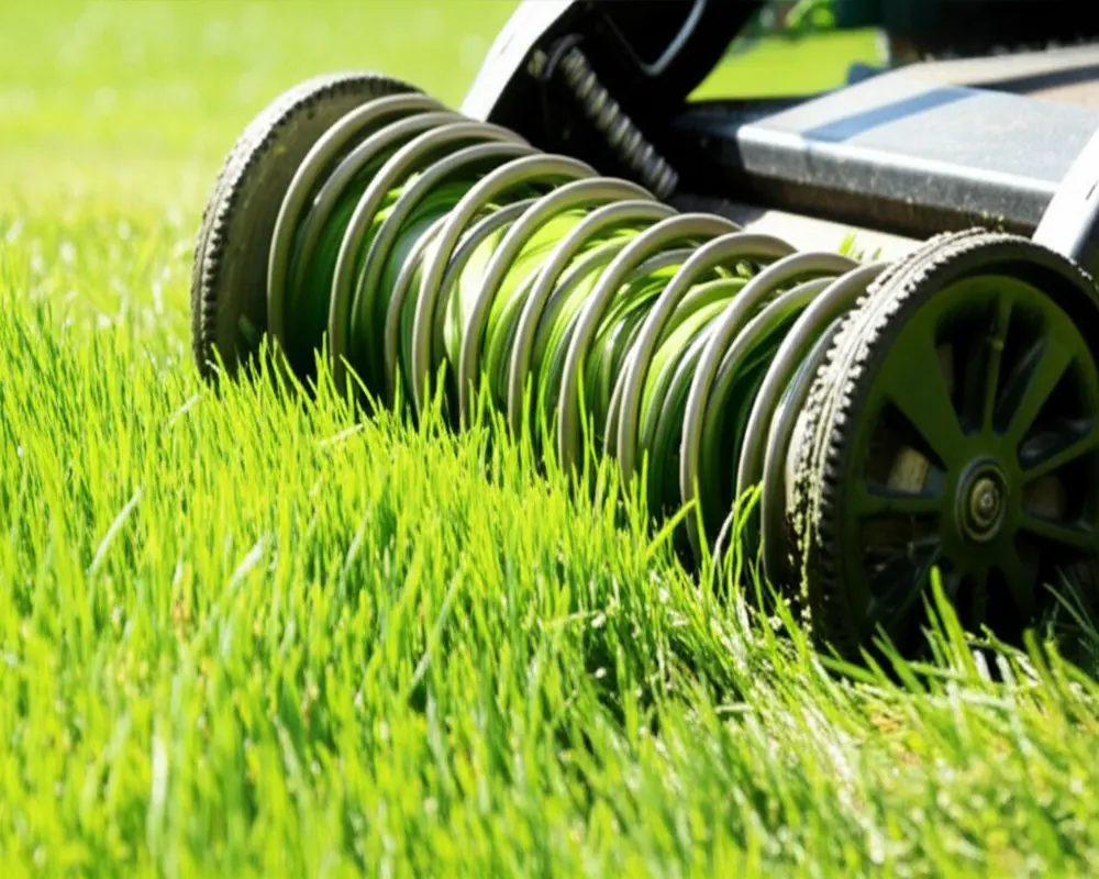 Manual reel lawn mower cutting grass
