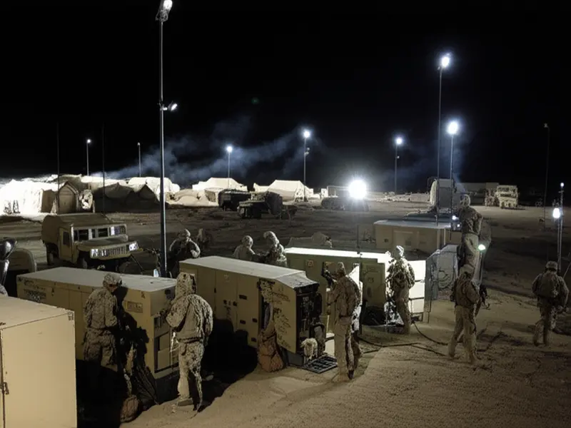 Military personnel setting up a robust military generator in a field environment, showcasing its rugged design and importance for powering essential equipment. Military personnel setting up a robust military generator in a field environment, showcasing its rugged design and importance for powering essential equipment.