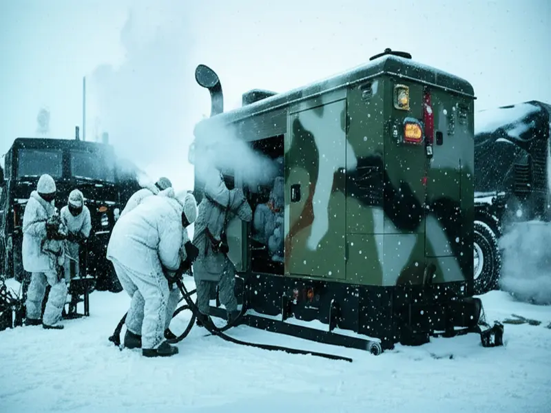 Military personnel operating a weatherproof generator in a harsh environment Military personnel operating a weatherproof generator in a harsh environment
