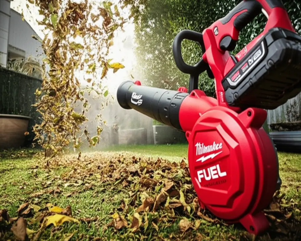 Milwaukee M18 FUEL leaf blower delivering high CFM and MPH for yard debris