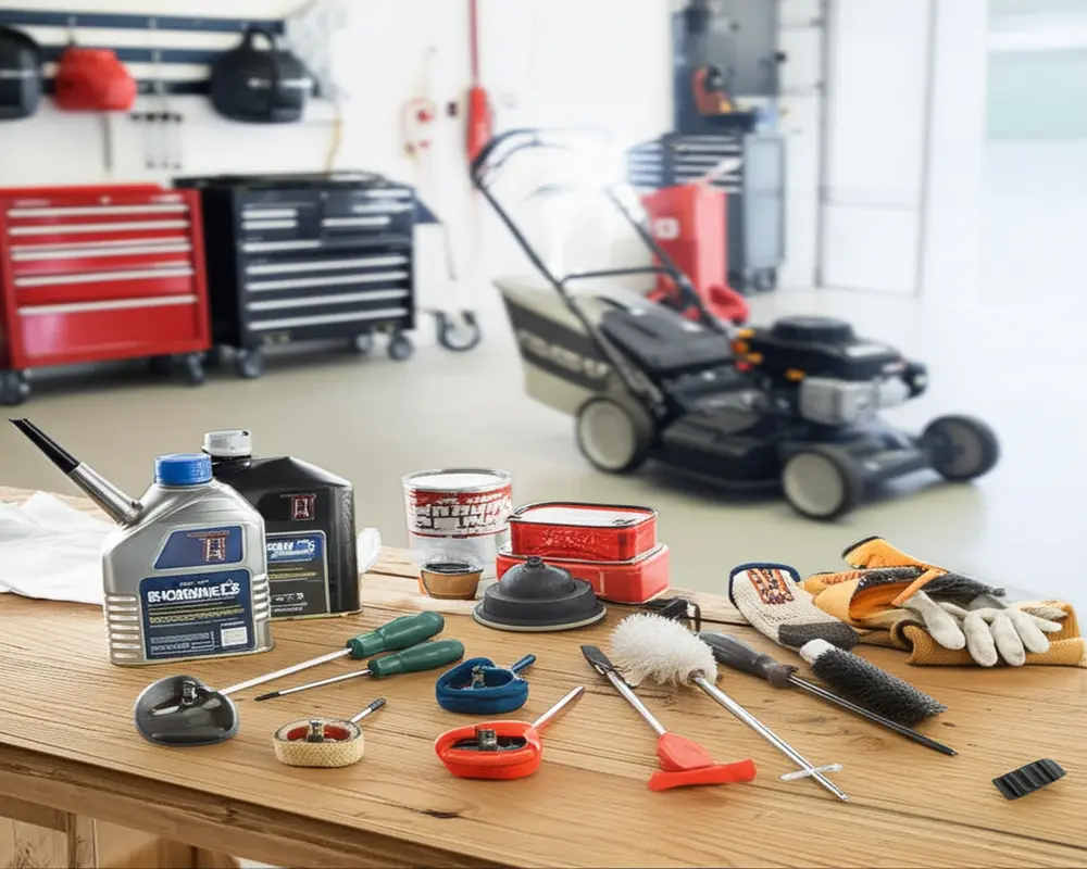 Essential tools for walk behind mower maintenance including sharpeners and cleaners
