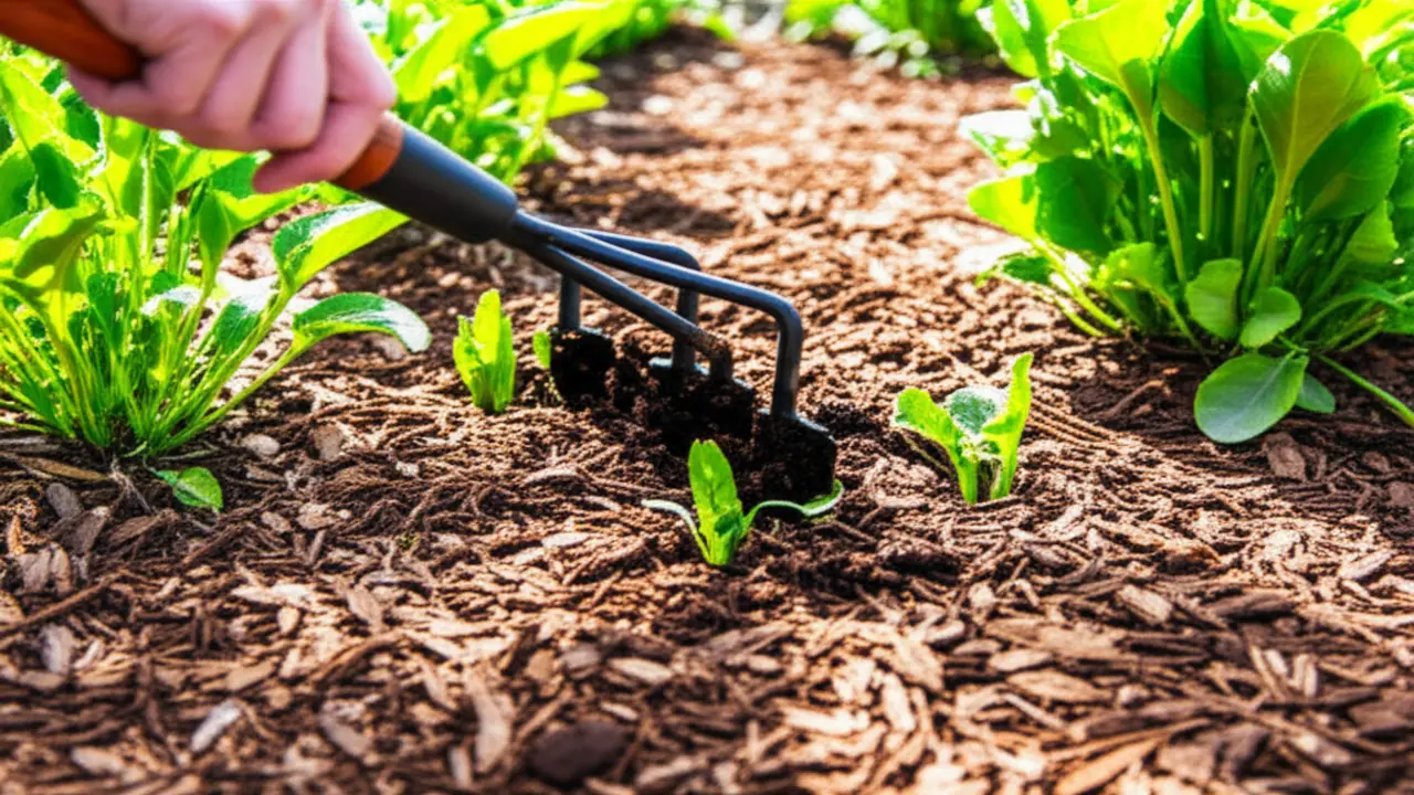 Mulched garden bed showing weed control using a hand cultivator