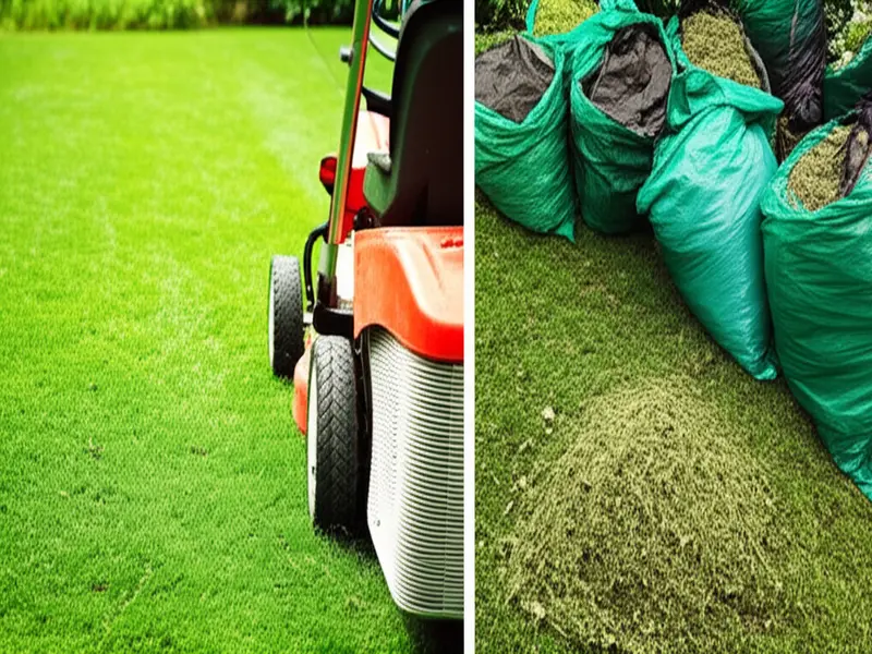 A side-by-side comparison illustrating mulching (finely dispersed clippings) versus bagging (collected clippings) on a lush green lawn.