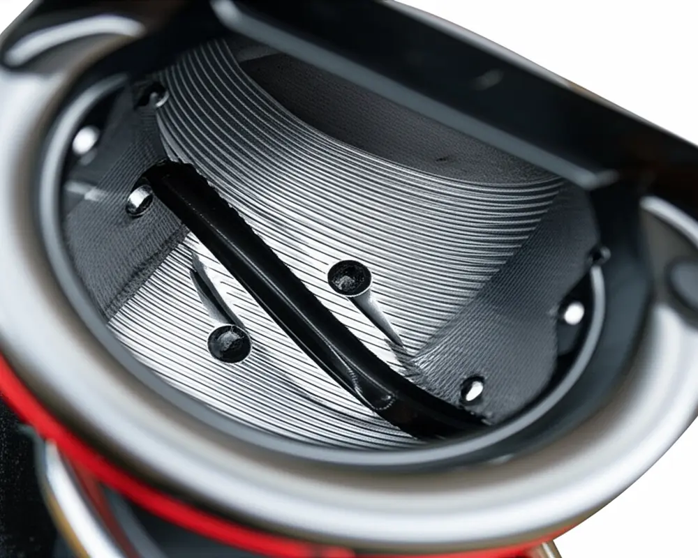 Close-up of metal impeller in leaf blower shredder for effective mulching