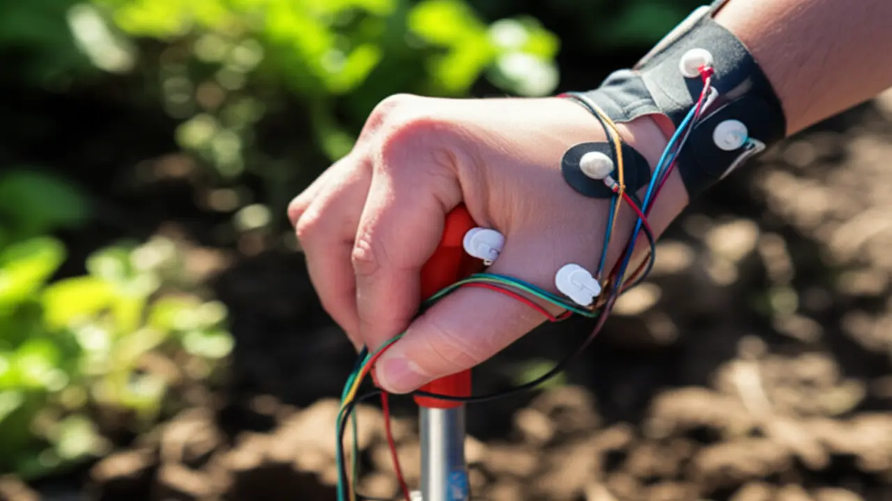 EMG device measuring muscle activity in hand during cultivator use