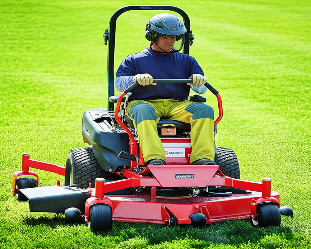 Operator using stand-on mower with elevated vantage point for safety and precision