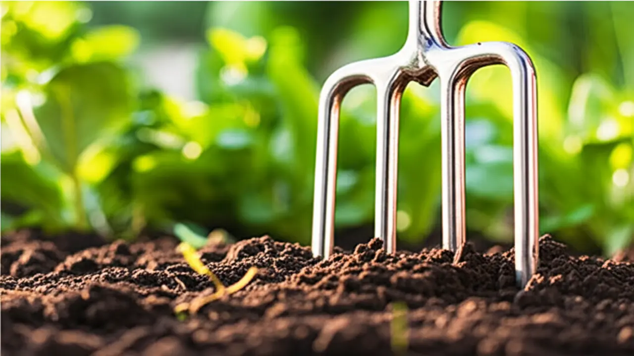 Organic gardening fork gently aerating healthy soil