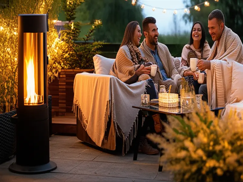 Outdoor pellet heaters extend patio season for family gatherings. Family enjoying a patio with an outdoor pellet heater
