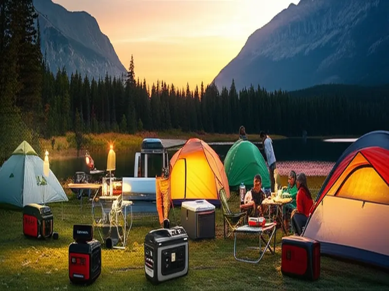 A diverse group of people enjoying different outdoor activities, all powered by portable camping generators.