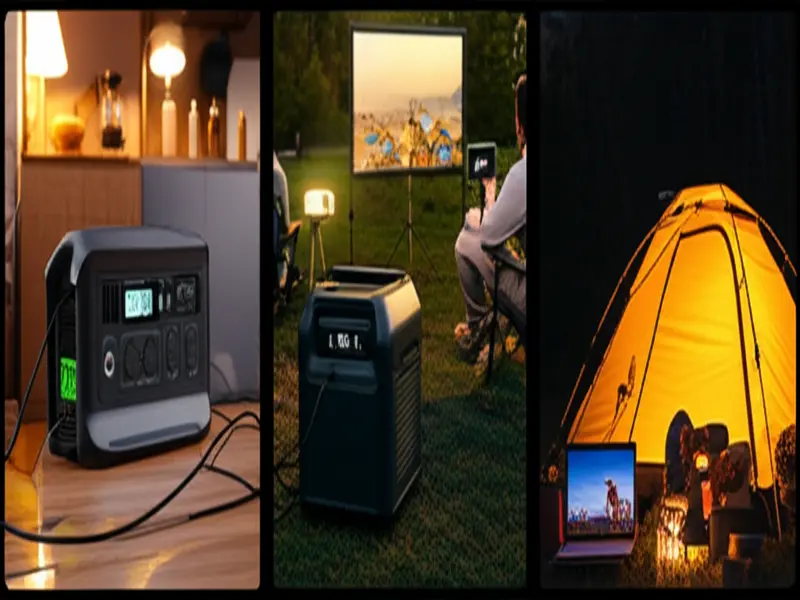 A modern portable power station powering multiple devices in an outdoor setting