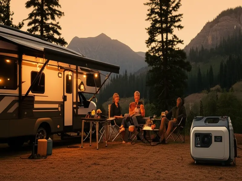 A modern RV parked in a scenic campsite with a portable generator running nearby, powering various devices.