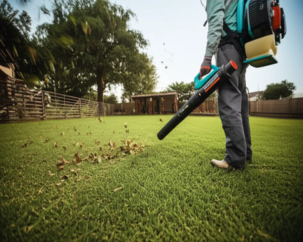 Poulan backpack leaf blower in use for large yard cleanup
