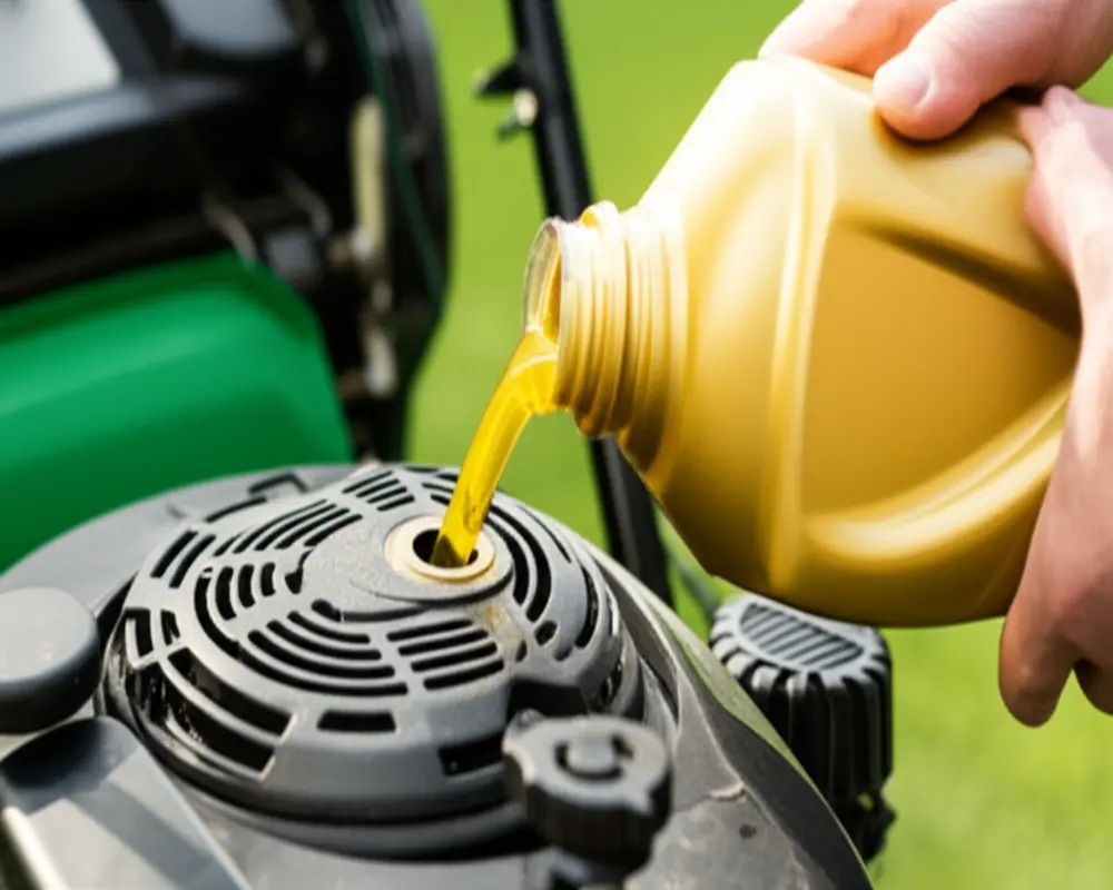 Pouring new engine oil into lawn mower oil fill tube