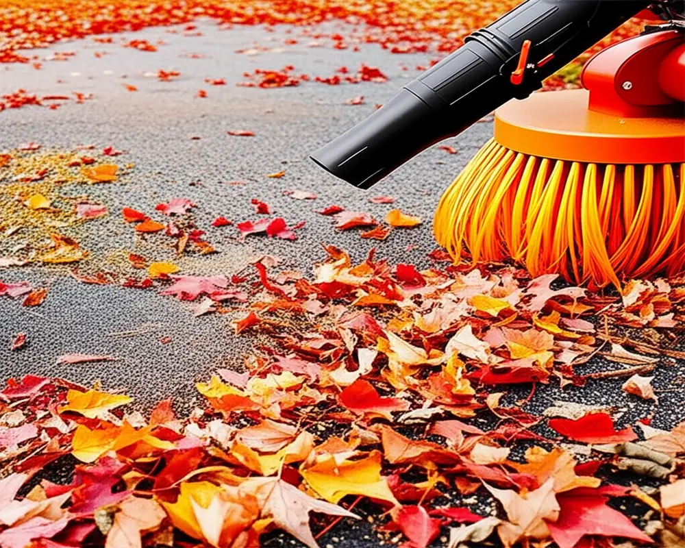 Power sweeper brush attachment for leaf blowers on driveway surface