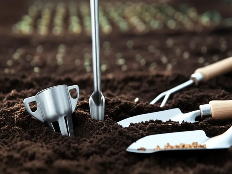 A variety of precision planting tools displayed, including a manual hand seeder, a walk-behind push planter, and seed trays.