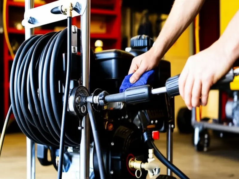A pressure washer on a patio with cleaning accessories, symbolizing diligent maintenance for home use.
