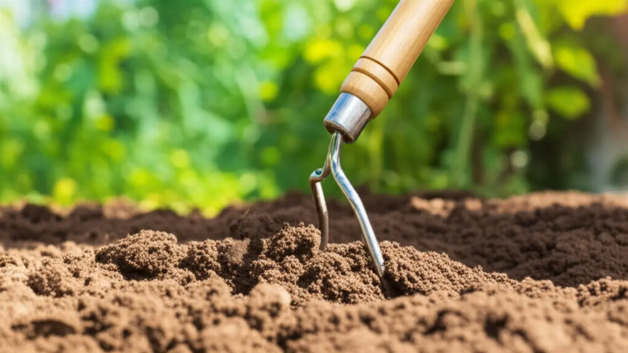 Professional hand cultivator in use preparing garden soil for planting
