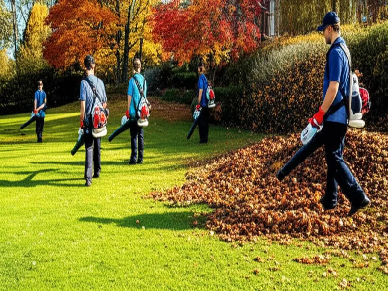 A person using a backpack leaf blower to clear a vast expanse of autumn leaves from a meticulously maintained lawn, demonstrating a wide sweeping technique towards a pile of leaves in the distance.