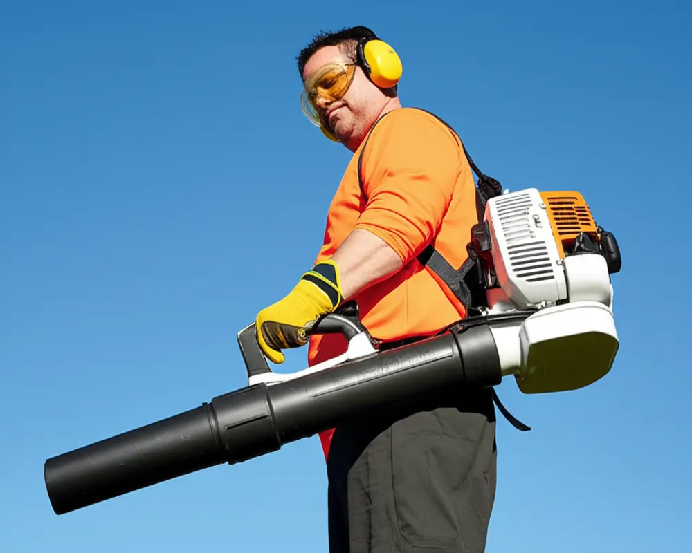 Professional leaf blower with safety gear including gloves, ear, and eye protection