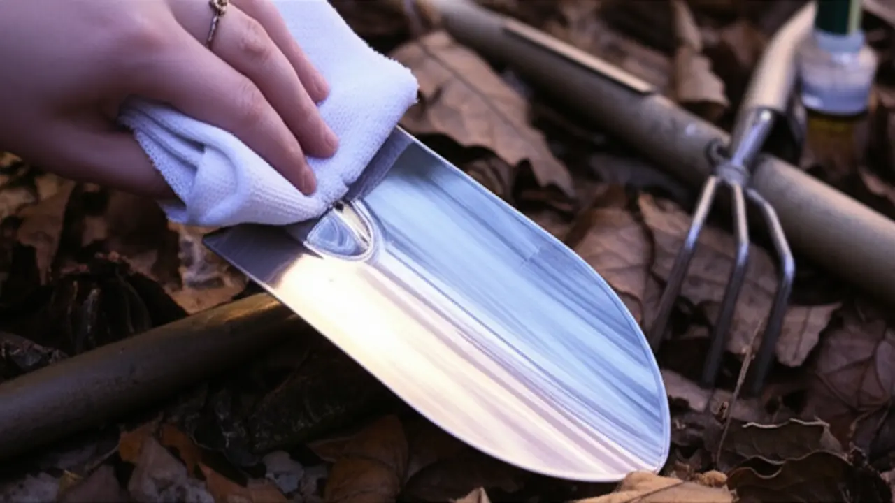 Applying protective oil on garden spade blade for winter garden spade storage
