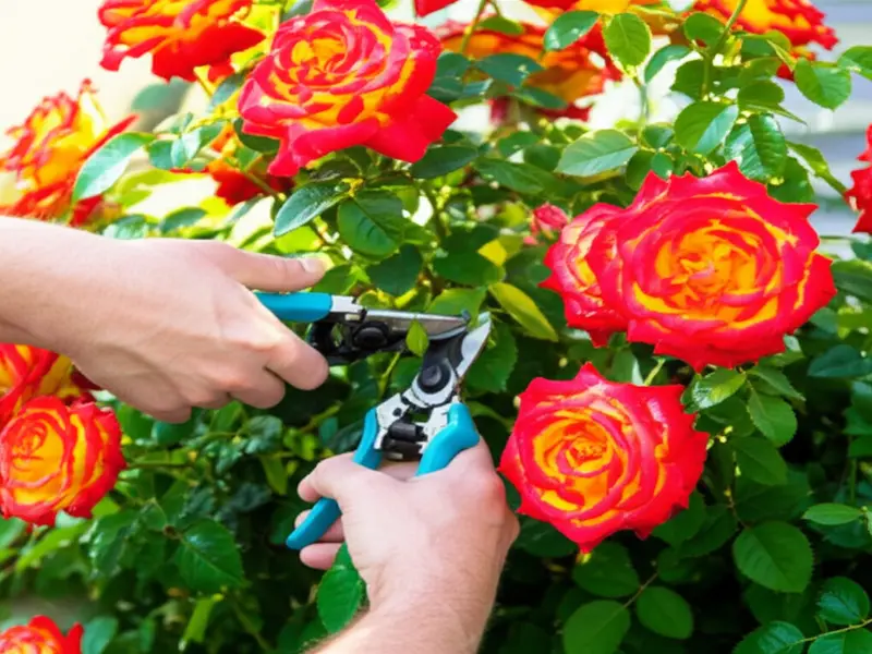 A gardener demonstrating proper pruning techniques on a rose bush, with healthy blooms and foliage visible.