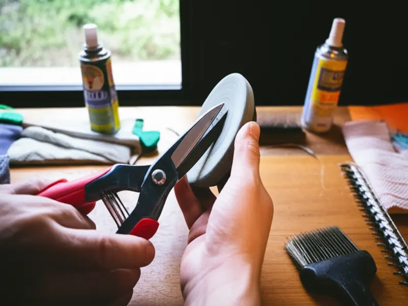 A pair of well-maintained bypass pruning shears resting on a wooden surface next to gardening gloves and a small pot, symbolizing readiness for garden tasks.
