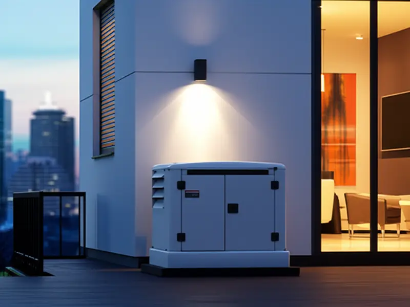 Urban home with a quiet emergency generator providing power during a blackout