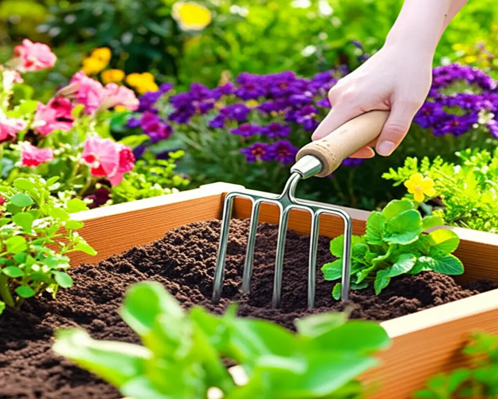 Using garden fork to aerate raised bed soil