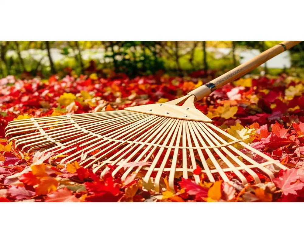 Traditional leaf rake used for eco-friendly leaf collection in garden