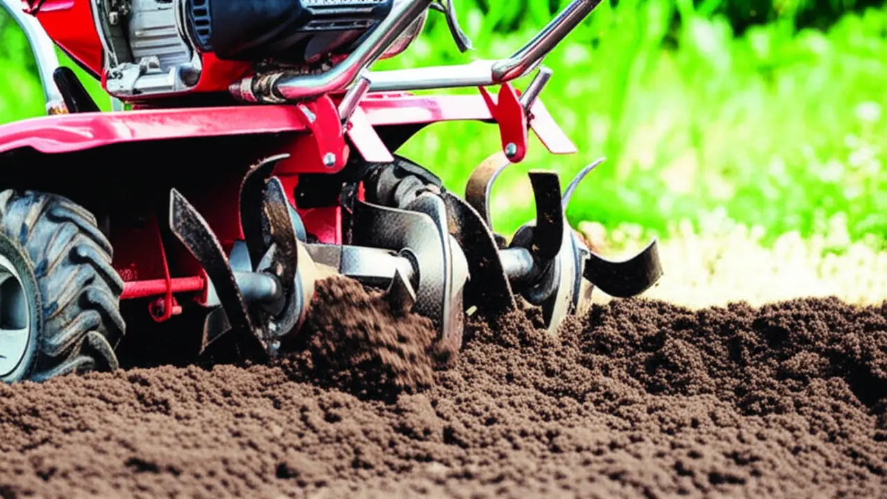 Rear tine tiller breaking up compacted soil Rear tine tiller working in garden soil breaking up compacted earth