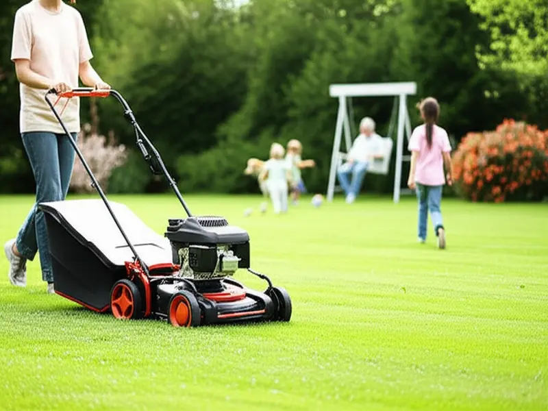 A person pushing a manual reel mower across a vibrant green lawn, demonstrating quiet, eco-friendly lawn care.