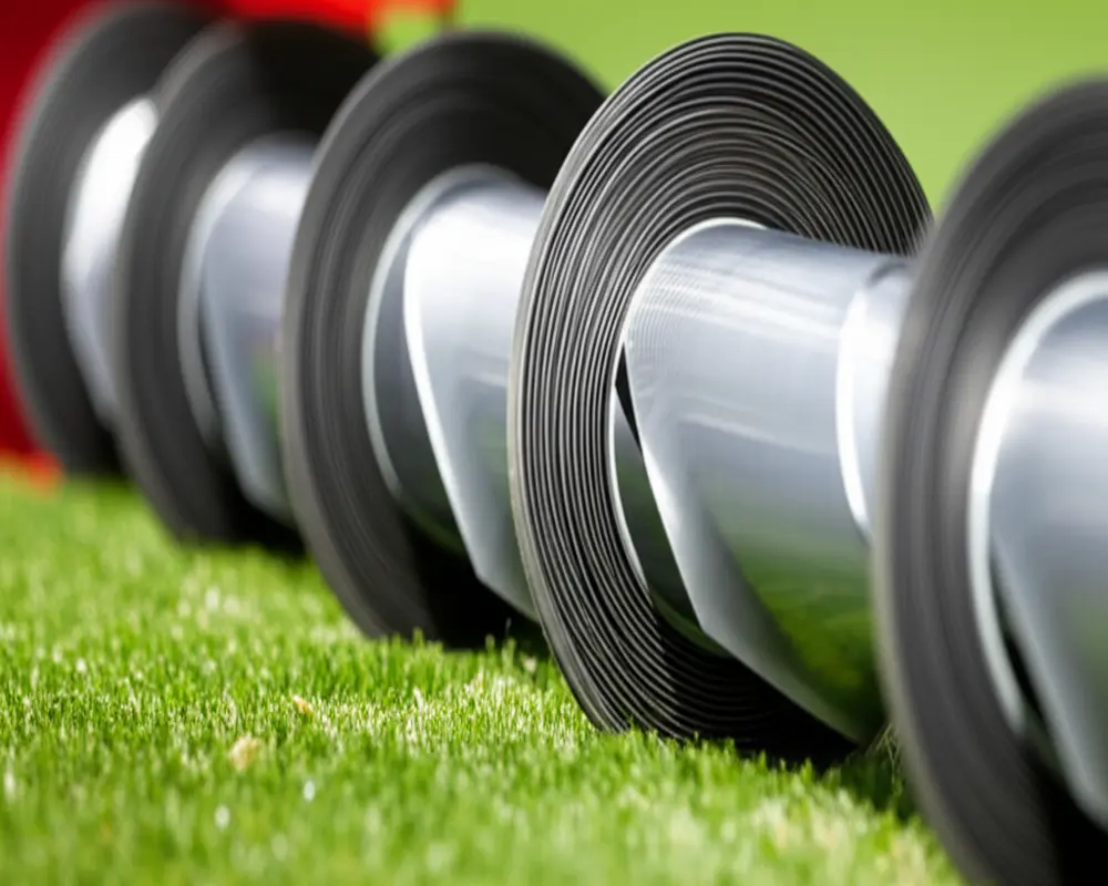 Close-up view of the helical blades of a reel mower showing precise cutting action