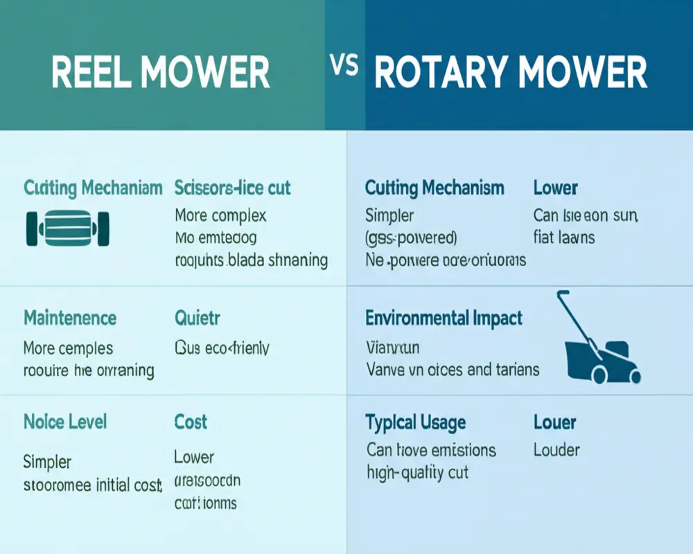 Comparison chart of reel mower vs rotary mower highlighting key features and differences