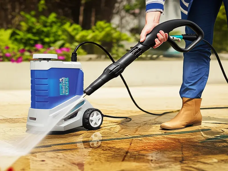 A person using a portable pressure washer to clean a patio, with a garden setting in the background, illustrating effortless outdoor maintenance.