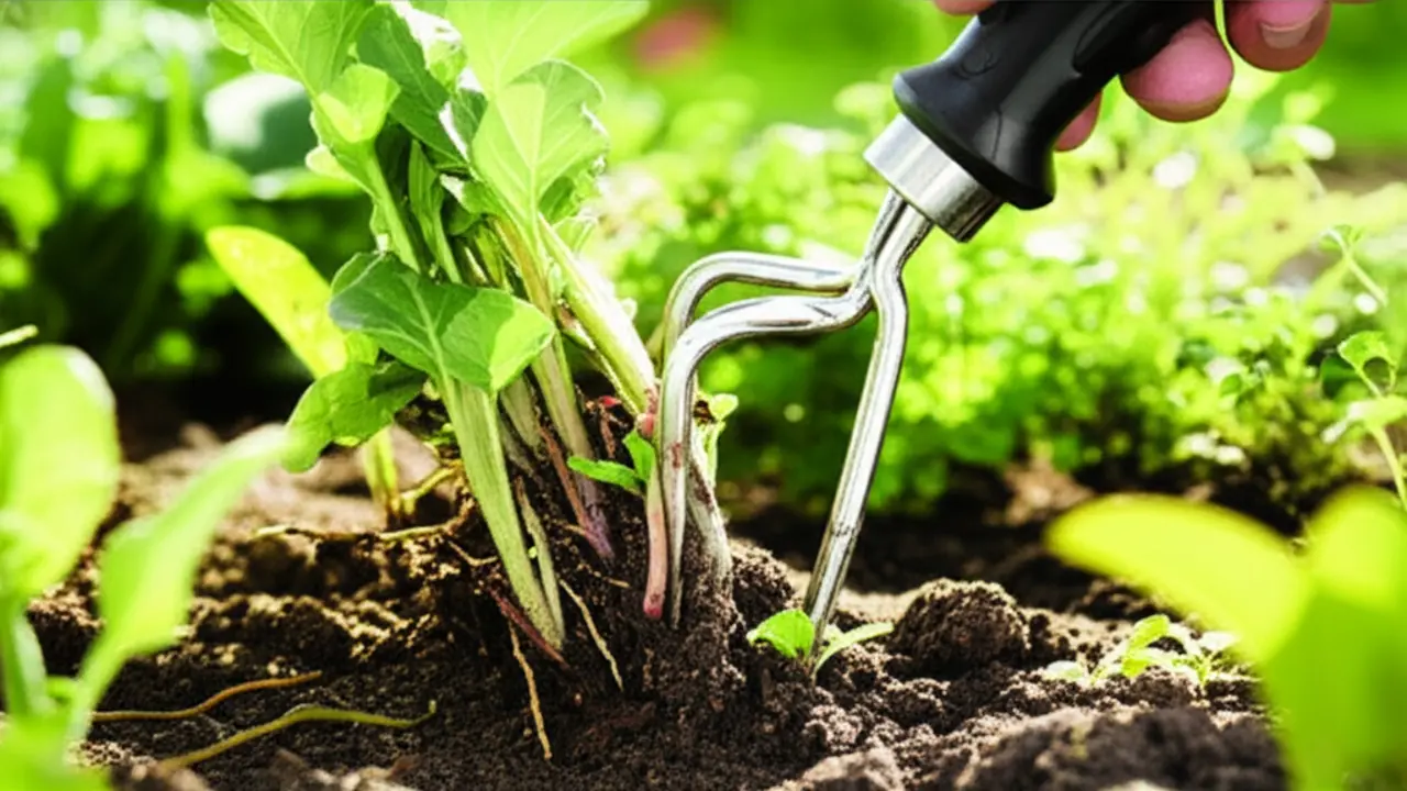 Hand cultivator removing weeds effectively in garden soil