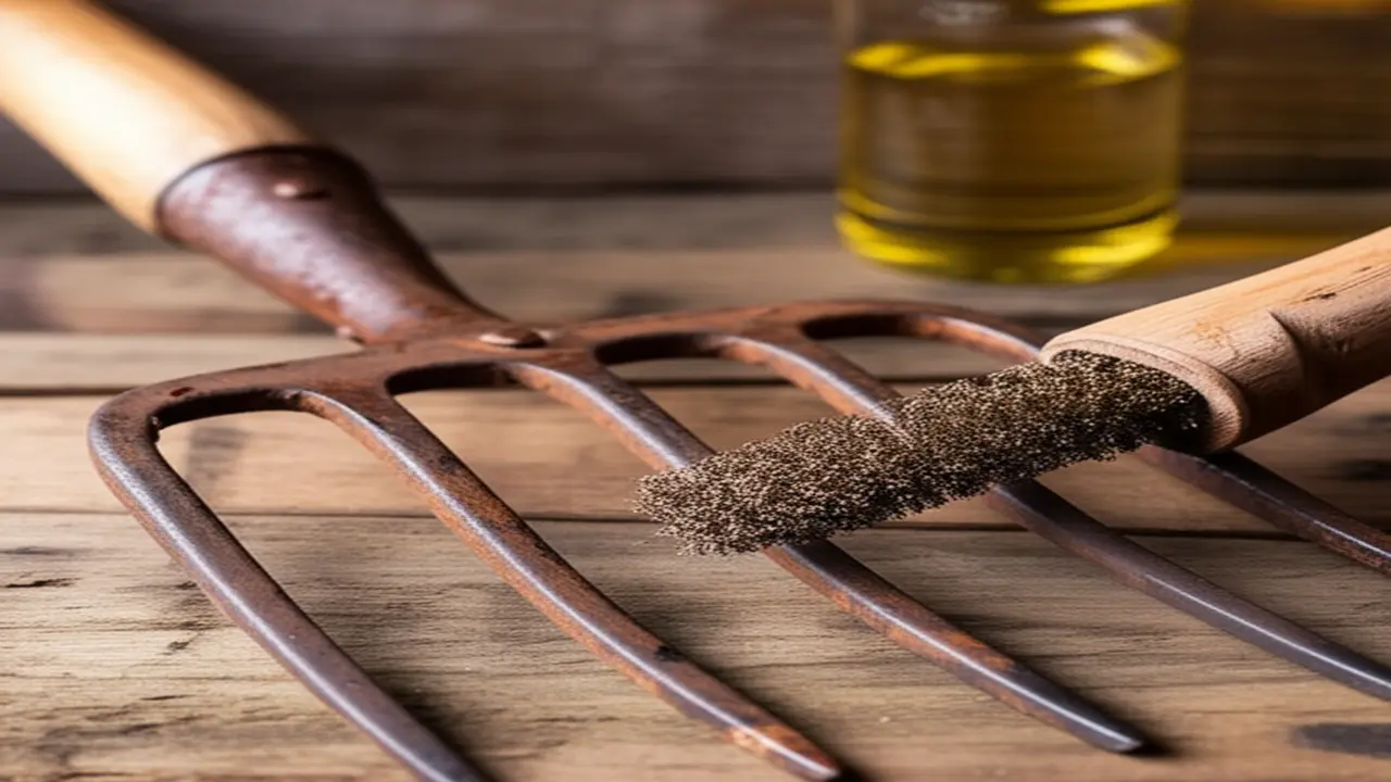 Step-by-step restoration of a vintage garden fork including cleaning and oiling the wooden handle
