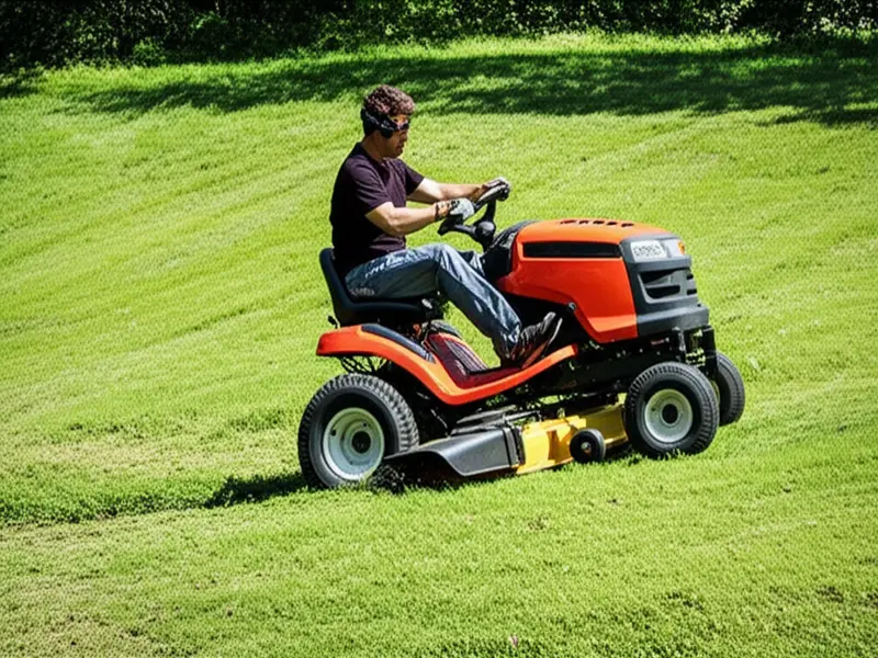 A rider on a riding mower carefully navigating a green, grassy hill with a gentle slope.