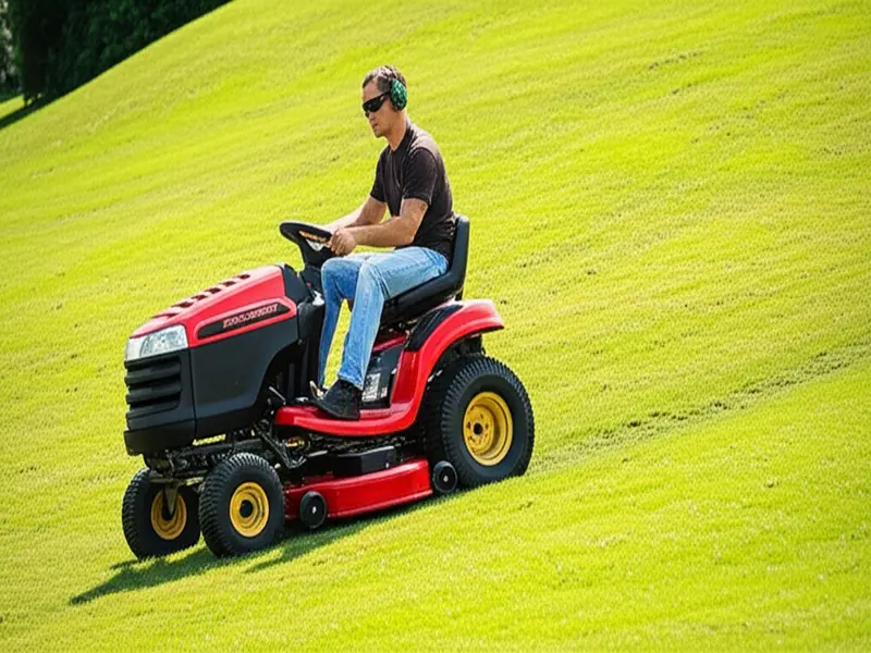 A rider on a lawn tractor mowing a gentle green slope, illustrating the principle of safe operation on inclines.