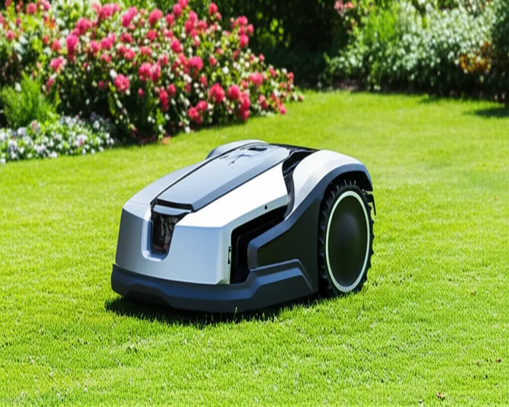 Robotic lawn mower cutting grass