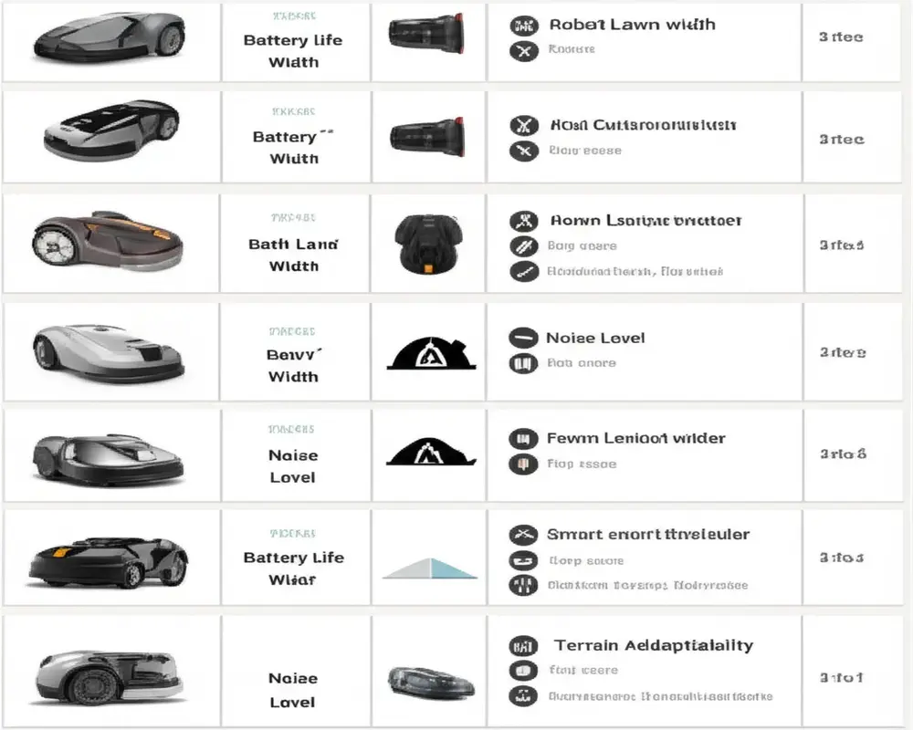 Comparison chart of robotic lawn mowers with specifications