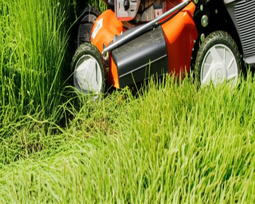 Rotary mower cutting tall grass on uneven lawn terrain demonstrating versatility